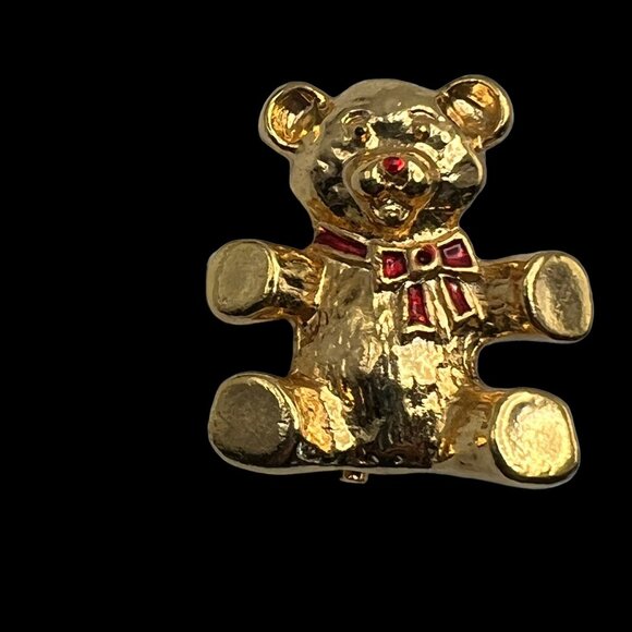 Bear Brooch Gold Tone Red Enamel Vintage Pin - Picture 1 of 7